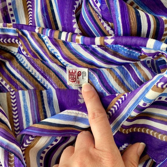 Vintage 70s sheer purple batik stripe boho peasant buttoned blouse top - Picture 4 of 4